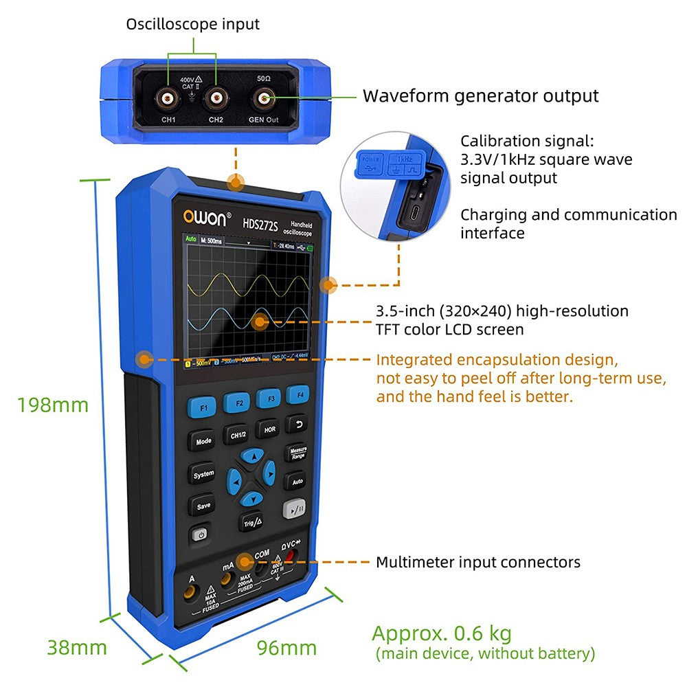Osciloscopio digital multímetro generador de señales OWON HDS272S 3 en 1, ancho de banda de 70 MHz, frecuencia de muestreo de 250 MSa/s, 20000 cuentas - Enchufe UE
