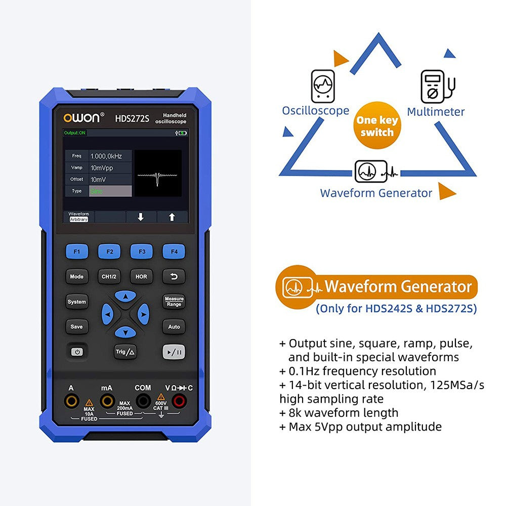 Osciloscopio digital multímetro generador de señales OWON HDS272S 3 en 1, ancho de banda de 70 MHz, frecuencia de muestreo de 250 MSa/s, 20000 cuentas - Enchufe UE