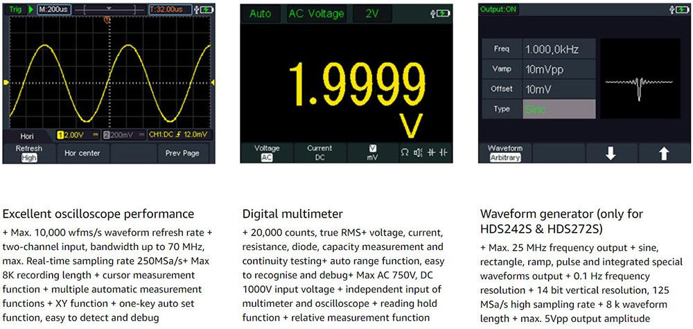 Osciloscopio digital multímetro generador de señales OWON HDS272S 3 en 1, ancho de banda de 70 MHz, frecuencia de muestreo de 250 MSa/s, 20000 cuentas - Enchufe UE
