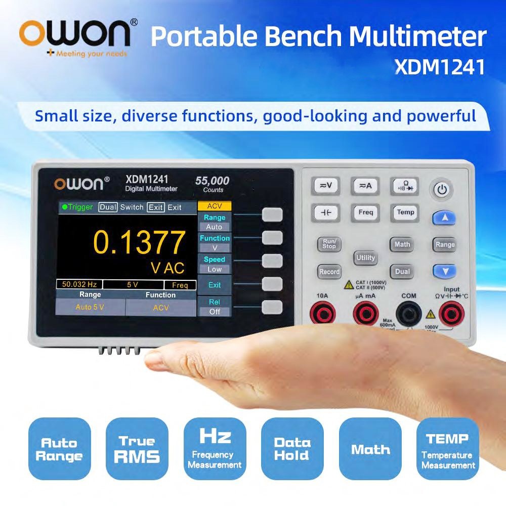Multímetro digital alimentado por batería OWON XDM1241, 55000 cuentas, verdadero valor eficaz (True RMS), alta precisión, con pantalla LCD TFT de 3,5 pulgadas.
