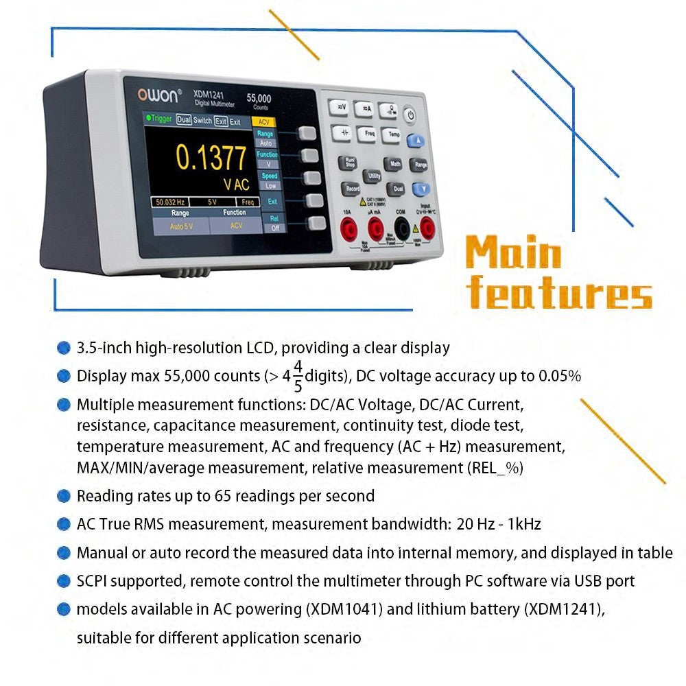Multímetro digital alimentado por batería OWON XDM1241, 55000 cuentas, verdadero valor eficaz (True RMS), alta precisión, con pantalla LCD TFT de 3,5 pulgadas.