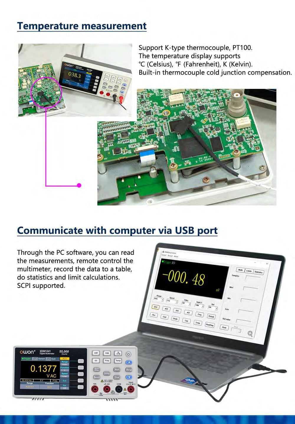 Multímetro digital alimentado por batería OWON XDM1241, 55000 cuentas, verdadero valor eficaz (True RMS), alta precisión, con pantalla LCD TFT de 3,5 pulgadas.