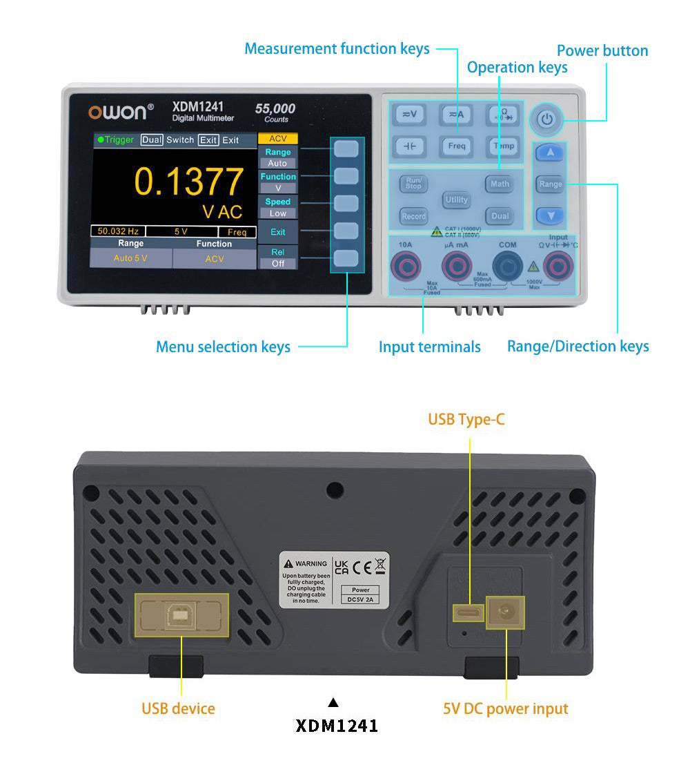 Multímetro digital alimentado por batería OWON XDM1241, 55000 cuentas, verdadero valor eficaz (True RMS), alta precisión, con pantalla LCD TFT de 3,5 pulgadas.