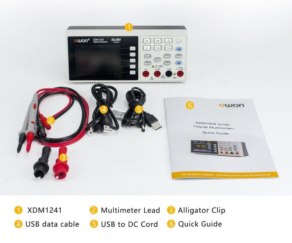 Multímetro digital alimentado por batería OWON XDM1241, 55000 cuentas, verdadero valor eficaz (True RMS), alta precisión, con pantalla LCD TFT de 3,5 pulgadas.