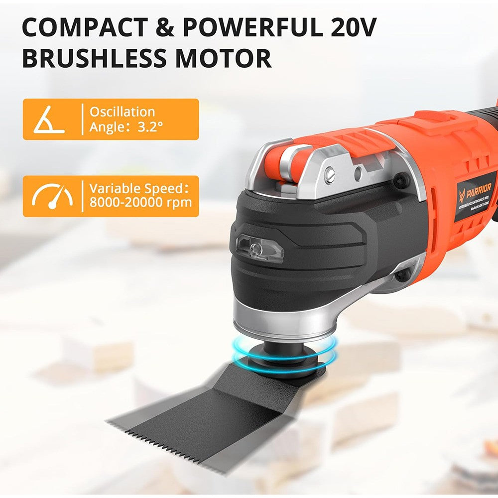 Parrior CMC11 20V Oscillating Saw, LED Light, 6 Variable Speeds, 8000-20000RPM, 3.2° Oscillating Angle, 2Ah Battery, for Cutting, Grinding, Scraping, Sanding