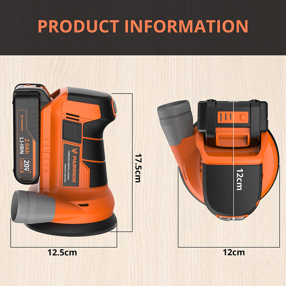 Parrior DS04 20V Cordless Electric Sander, with 2Ah Battery & 5-Inch(125mm) Disc, 11,000RPM Motor