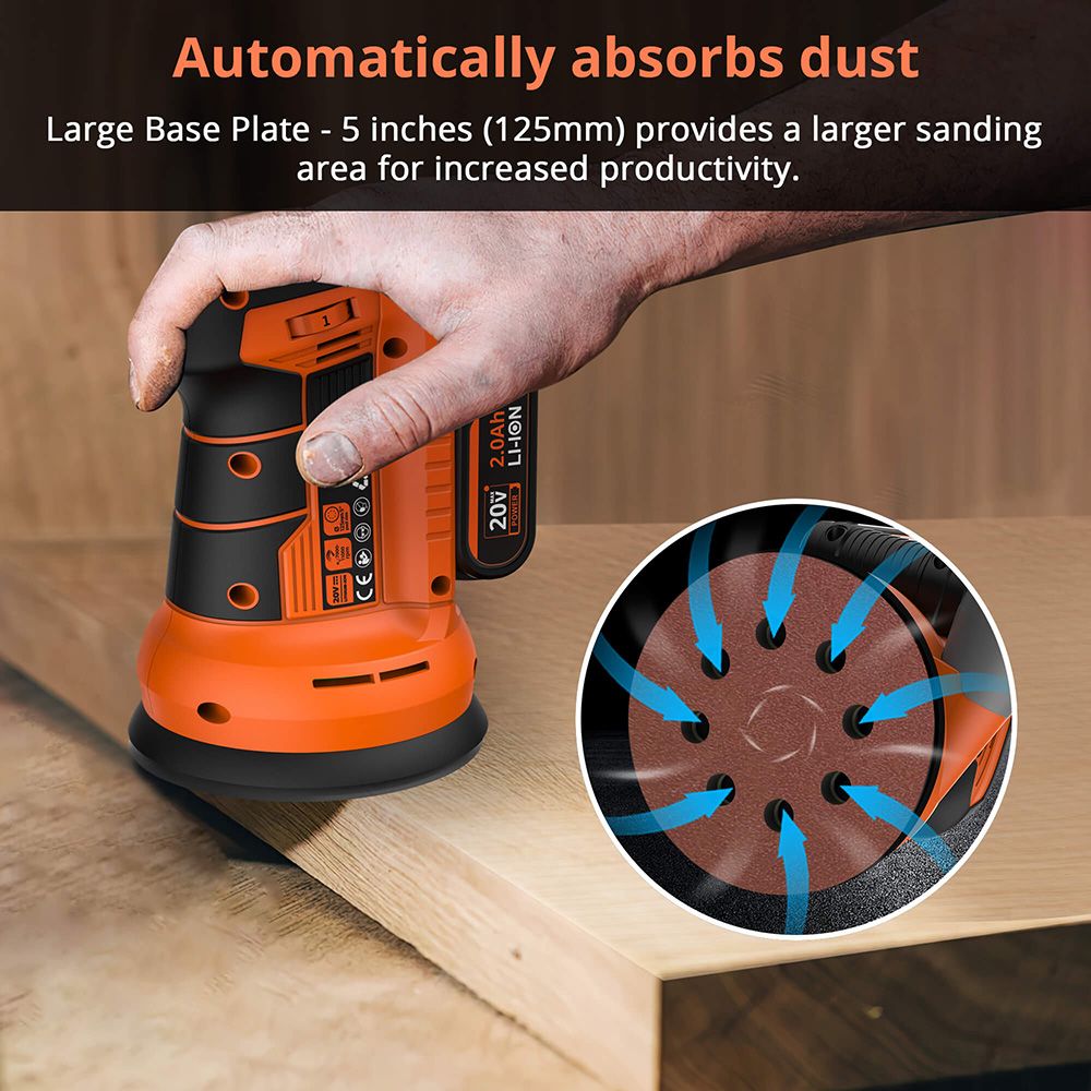 Parrior DS04 20V Cordless Electric Sander, with 2Ah Battery & 5-Inch(125mm) Disc, 11,000RPM Motor