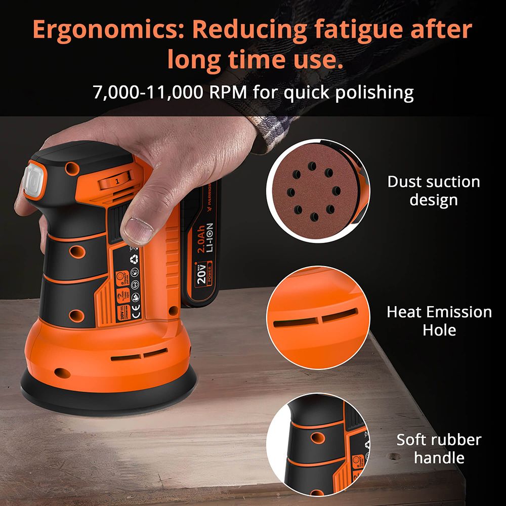 Parrior DS04 20V Cordless Electric Sander, with 2Ah Battery & 5-Inch(125mm) Disc, 11,000RPM Motor