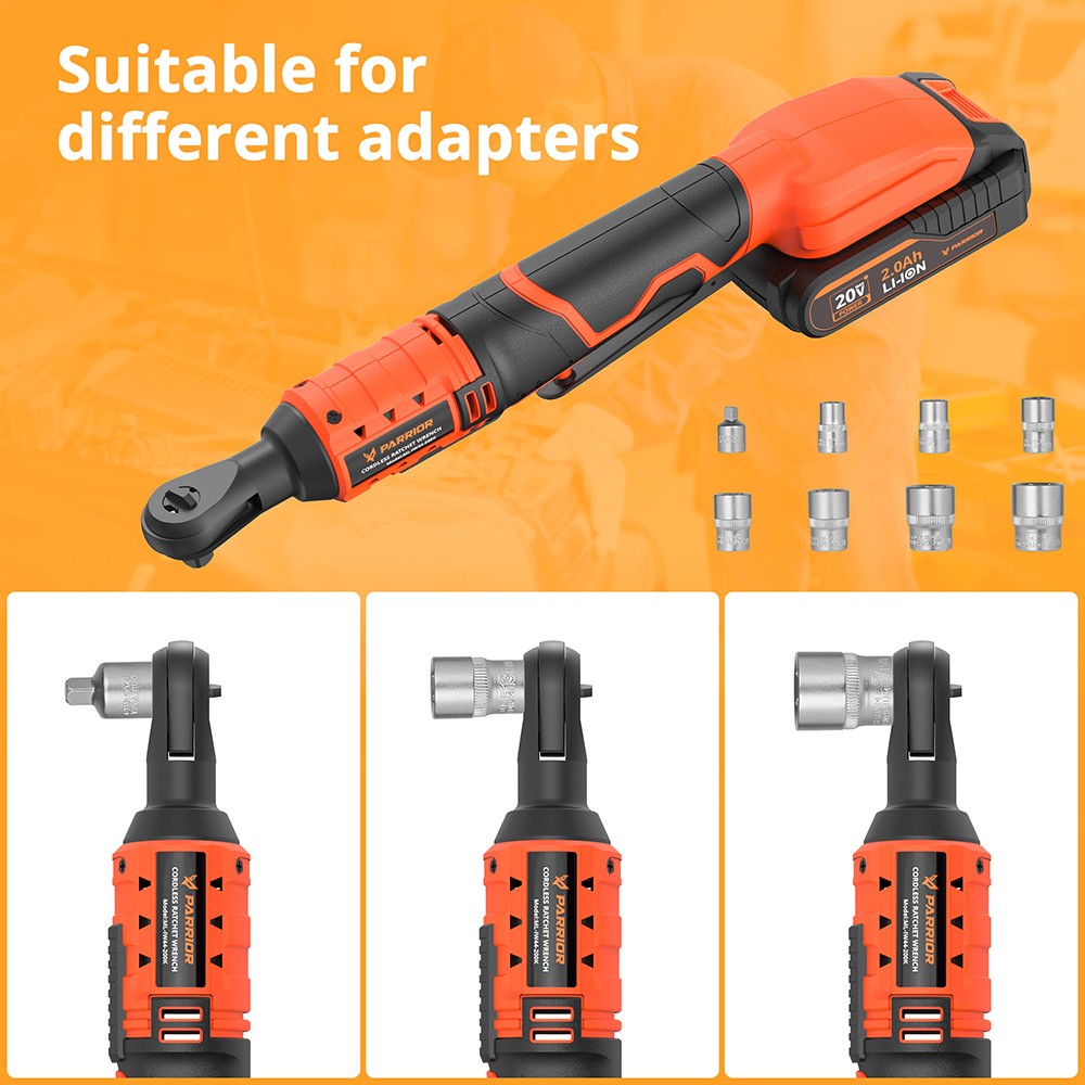 Parrior IW44 20V Cordless Electric Ratchet Wrench, 60nm Max. Torque, 260RPM Speed, 20V Input Voltage, with 2000mAh Lithium Battery