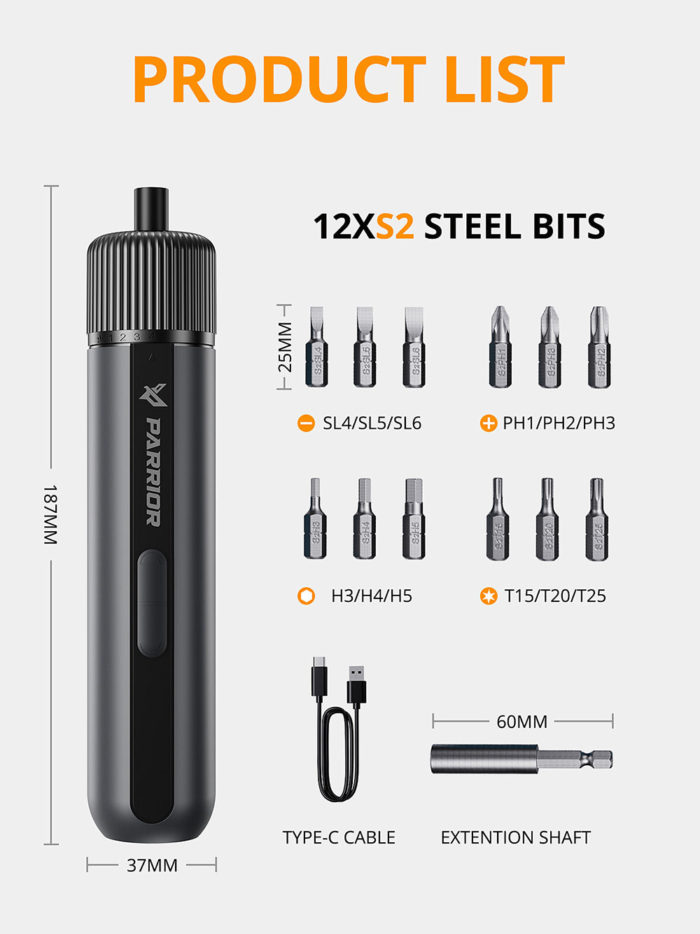 Parrior S121 4V Electric Cordless Screwdriver, Max 8N.m High Torque with 4 Control Level, Rechargeable 2200mAh Large Battery, LED Work Light, 260RPM Speed