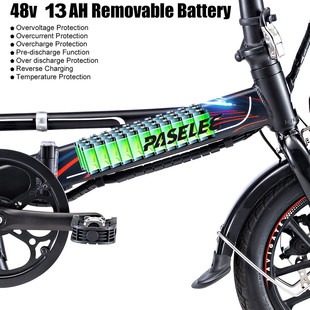 PASELEC Mini Folding Electric Bike, 400W Motor, 48V 13AH Battery, 14*1.95-inch Tire, 40km/h Max Speed, 60km Range, Mechanical Disc Brakes, Aluminum Alloy Front Fork, LED Display - Grey