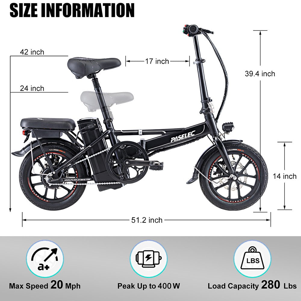 PASELEC Mini Folding Electric Bike, 400W Motor, 48V 13AH Battery, 14*1.95-inch Tire, 40km/h Max Speed, 60km Range, Mechanical Disc Brakes, Aluminum Alloy Front Fork, LED Display - Grey