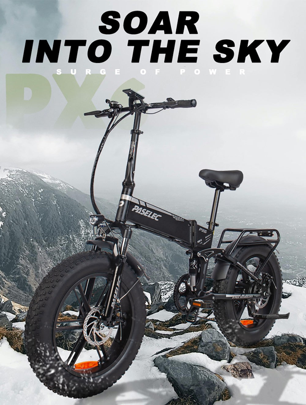 PASELEC PX6 Electric Bike, 750W Motor, 48V 13Ah Battery, 20*4.0-inch Fat Tire, 45km/h Max Speed, 70km Range, Mechanical Disc Brake, Lockable Shock Absorber Front Fork, Shimano 7-speed - Black