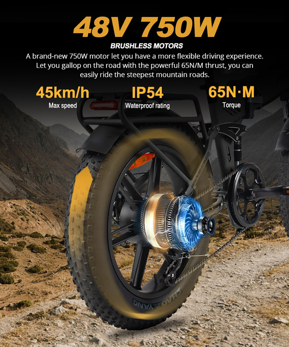 PASELEC PX6 Electric Bike, 750W Motor, 48V 13Ah Battery, 20*4.0-inch Fat Tire, 45km/h Max Speed, 70km Range, Mechanical Disc Brake, Lockable Shock Absorber Front Fork, Shimano 7-speed - Black