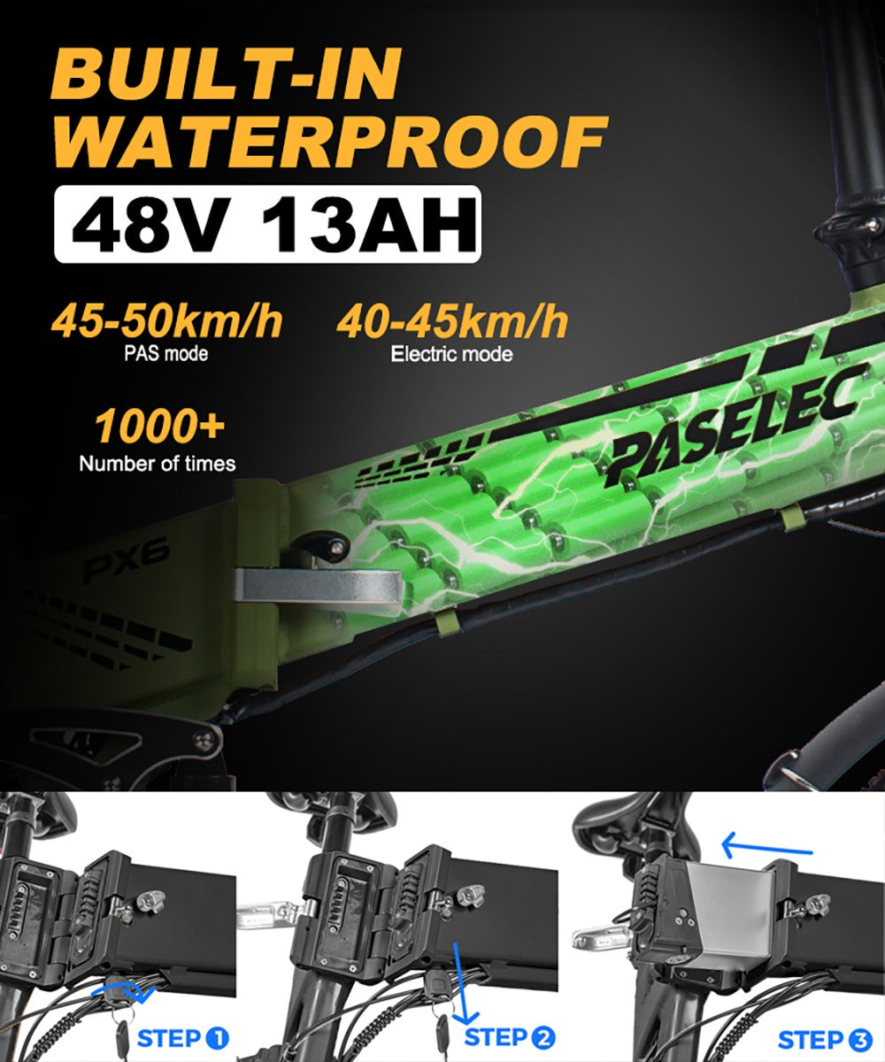 PASELEC PX6 Electric Bike, 750W Motor, 48V 13Ah Battery, 20*4.0-inch Fat Tire, 45km/h Max Speed, 70km Range, Mechanical Disc Brake, Lockable Shock Absorber Front Fork, Shimano 7-speed - Black
