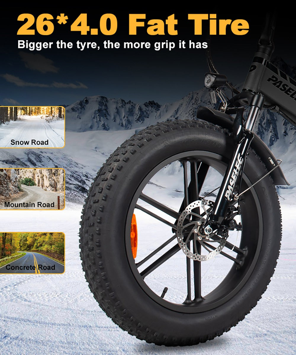 PASELEC PX6 Electric Bike, 750W Motor, 48V 13Ah Battery, 20*4.0-inch Fat Tire, 45km/h Max Speed, 70km Range, Mechanical Disc Brake, Lockable Shock Absorber Front Fork, Shimano 7-speed - Black