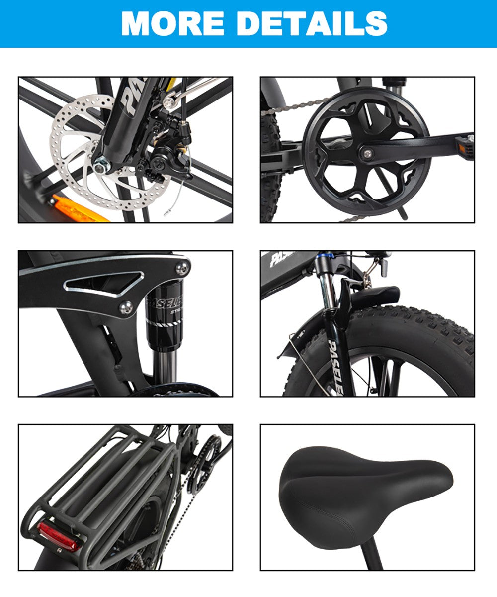 PASELEC PX6 Electric Bike, 750W Motor, 48V 13Ah Battery, 20*4.0-inch Fat Tire, 45km/h Max Speed, 70km Range, Mechanical Disc Brake, Lockable Shock Absorber Front Fork, Shimano 7-speed - Black