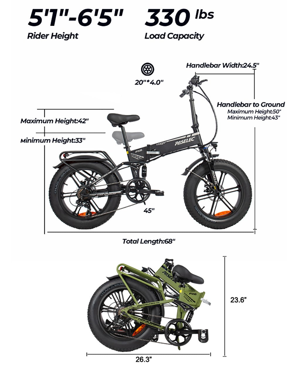 PASELEC PX6 Electric Bike, 750W Motor, 48V 13Ah Battery, 20*4.0-inch Fat Tire, 45km/h Max Speed, 70km Range, Mechanical Disc Brake, Lockable Shock Absorber Front Fork, Shimano 7-speed - Black