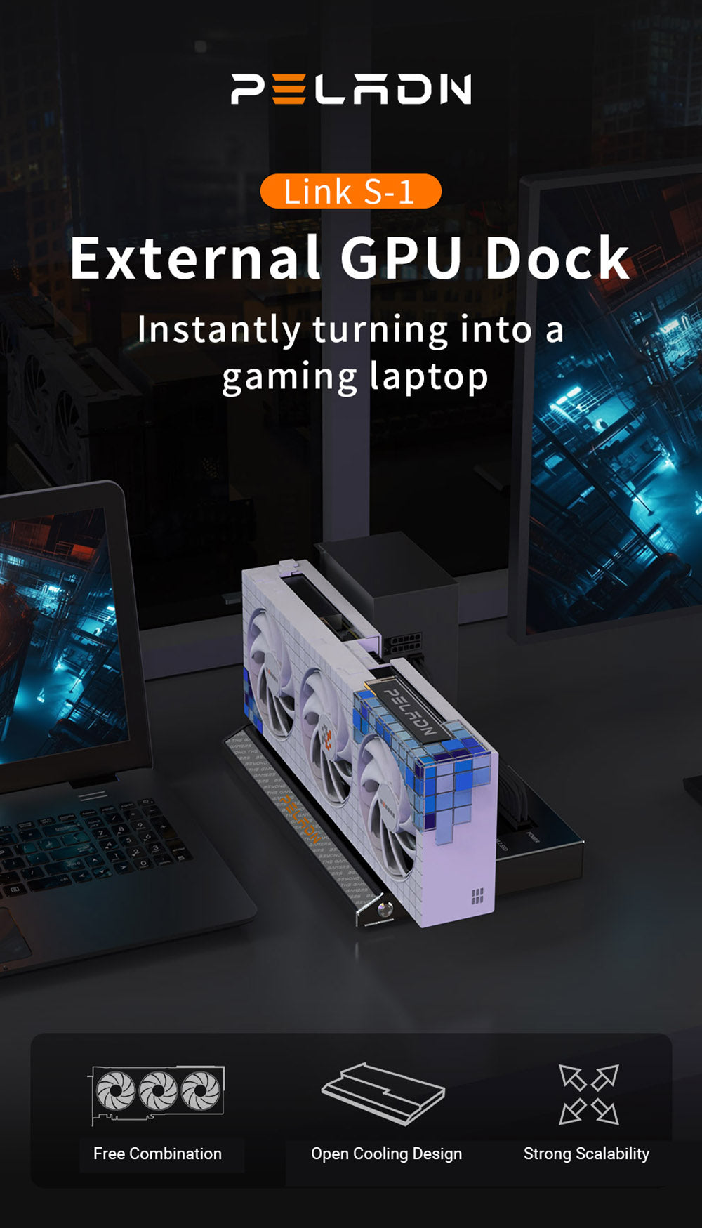 PELADN Link S-1 eGPU Dock, 2*Thunderbolt 3, 1*1000M LAN, 1* M.2 2280 NVME SSD, 40Gbps Transmission Speed, Compatible with ATX/SFX Power Supply