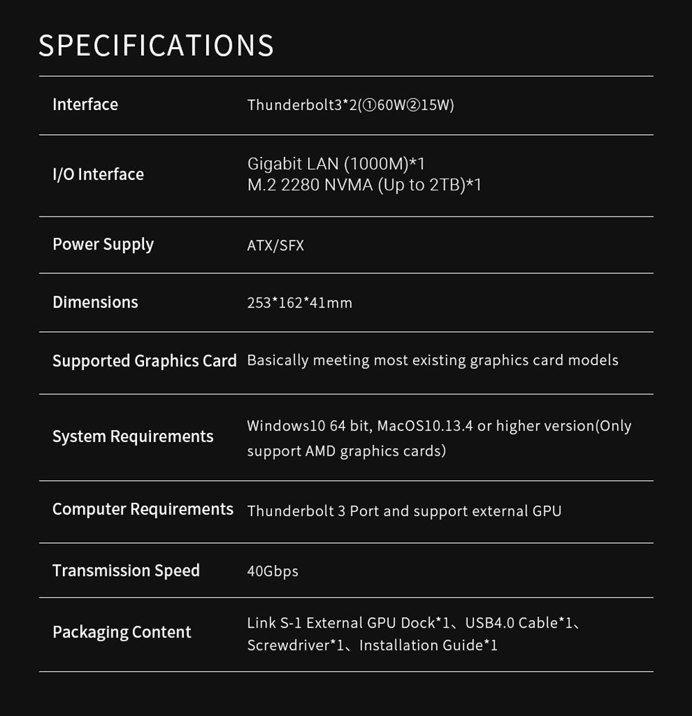 PELADN Link S-1 eGPU Dock, 2*Thunderbolt 3, 1*1000M LAN, 1* M.2 2280 NVME SSD, 40Gbps Transmission Speed, Compatible with ATX/SFX Power Supply