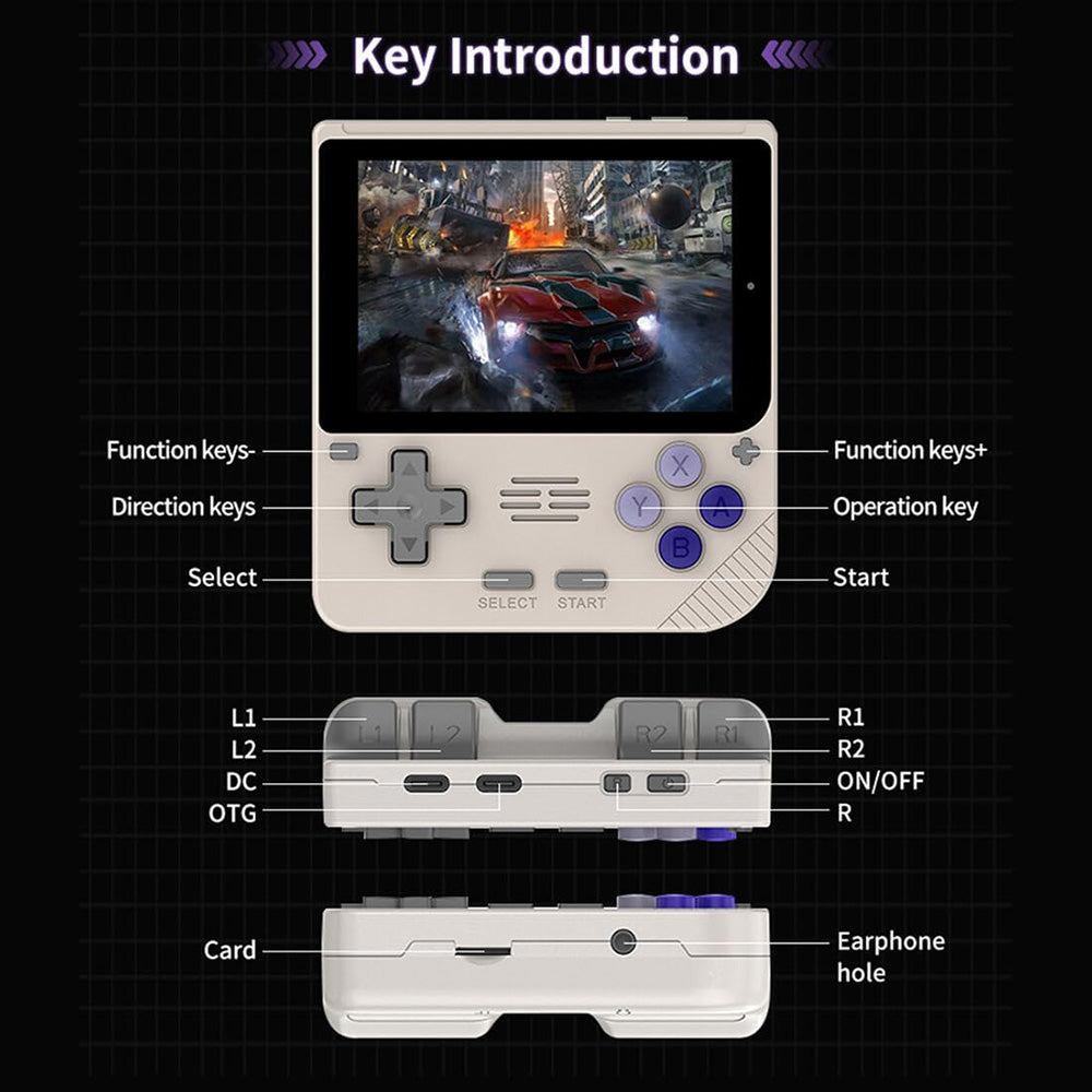 Consola de videojuegos portátil Powkiddy V10, tarjeta TF de 128 GB con más de 10000 juegos, pantalla IPS de 3,5 pulgadas, sistema Linux de código abierto, simuladores 3D de 64 bits, 8 horas de autonomía - Negro transparente