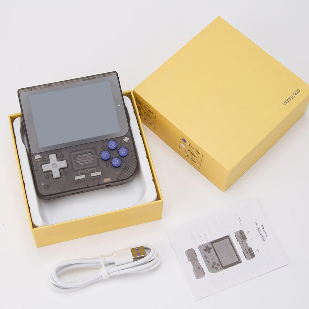 Consola de videojuegos portátil Powkiddy V10, tarjeta TF de 128 GB con más de 10000 juegos, pantalla IPS de 3,5 pulgadas, sistema Linux de código abierto, simuladores 3D de 64 bits, 8 horas de autonomía - Negro transparente