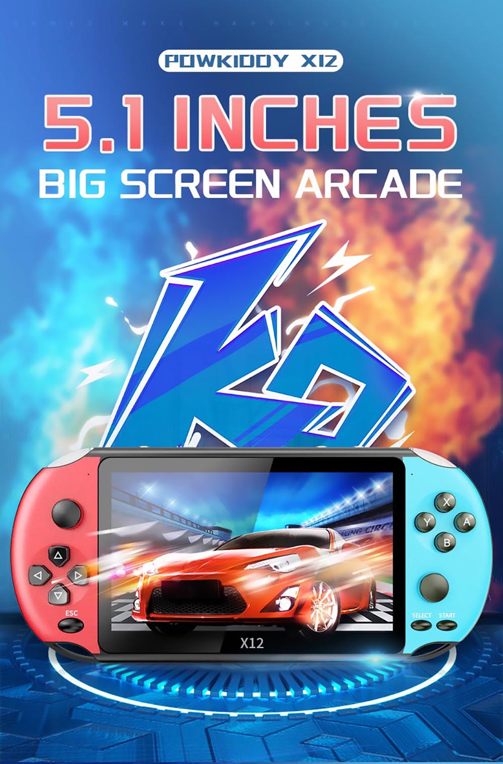 Consola de videojuegos portátil retro Powkiddy X12, pantalla IPS de 5.1 pulgadas, almacenamiento integrado de 8 GB - Azul Rojo