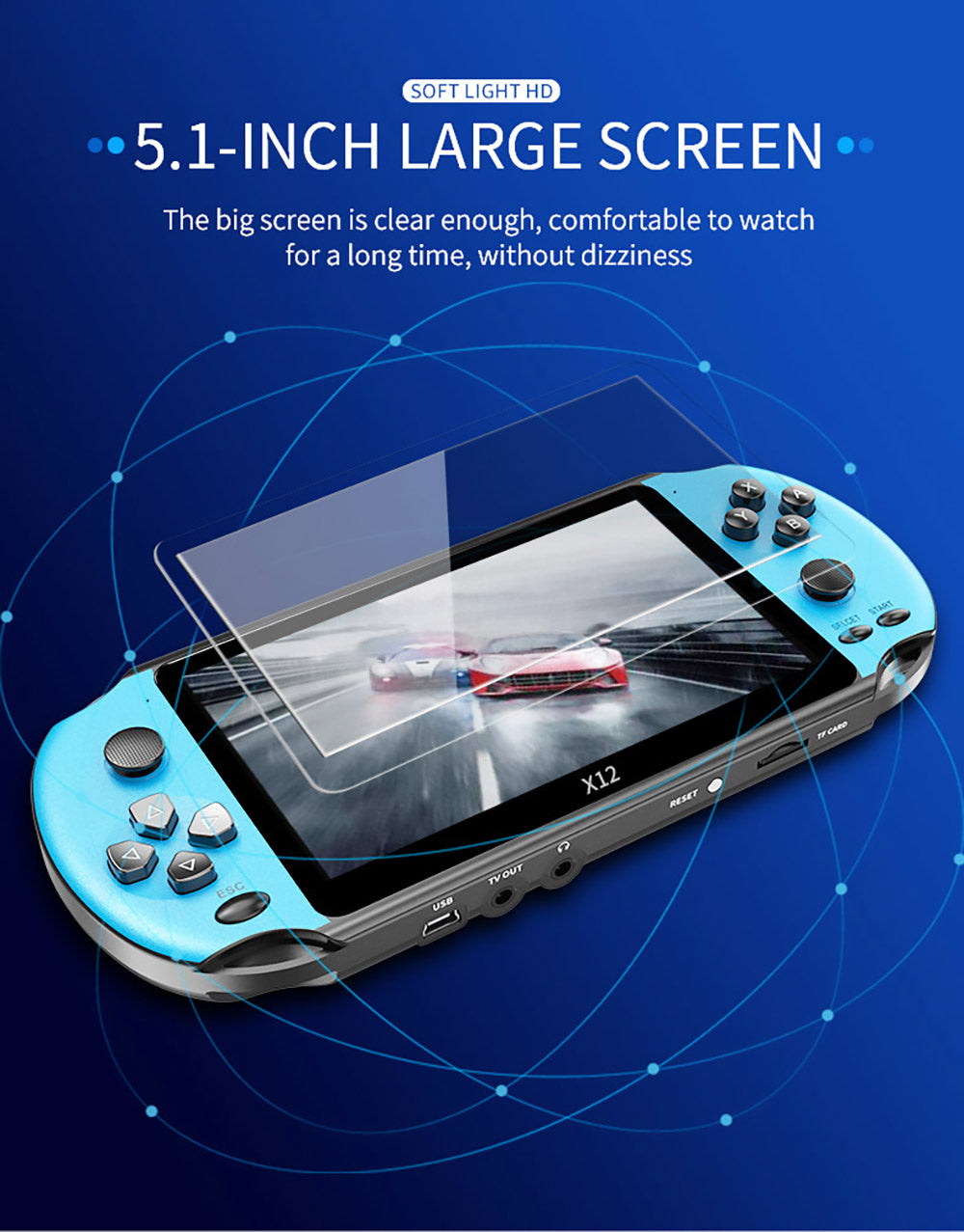Consola de videojuegos portátil retro Powkiddy X12, pantalla IPS de 5.1 pulgadas, almacenamiento integrado de 8 GB - Azul Rojo
