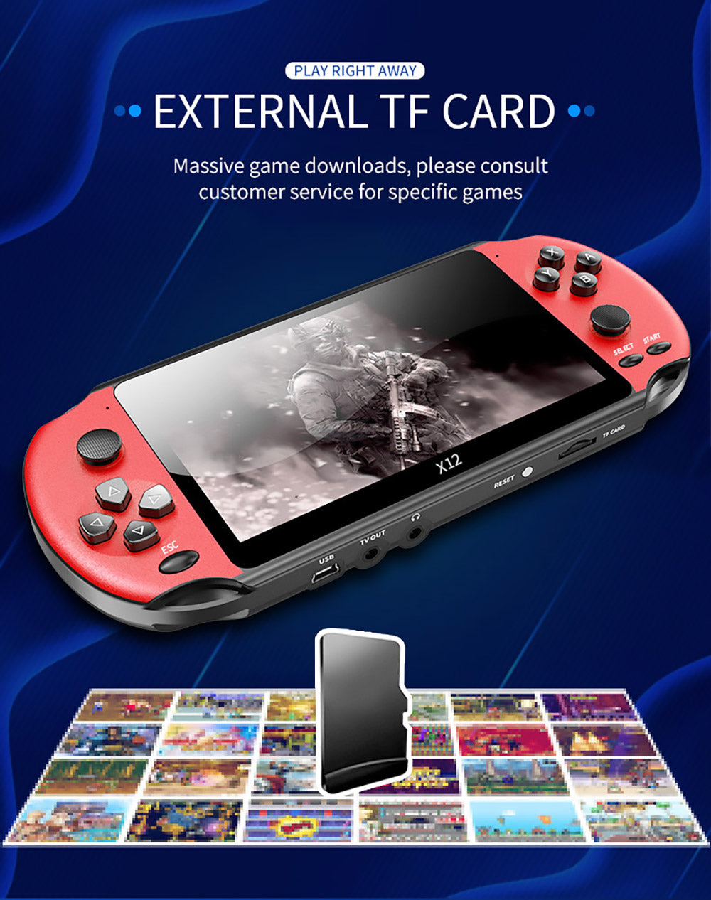 Consola de videojuegos portátil retro Powkiddy X12, pantalla IPS de 5.1 pulgadas, almacenamiento integrado de 8 GB - Azul Rojo