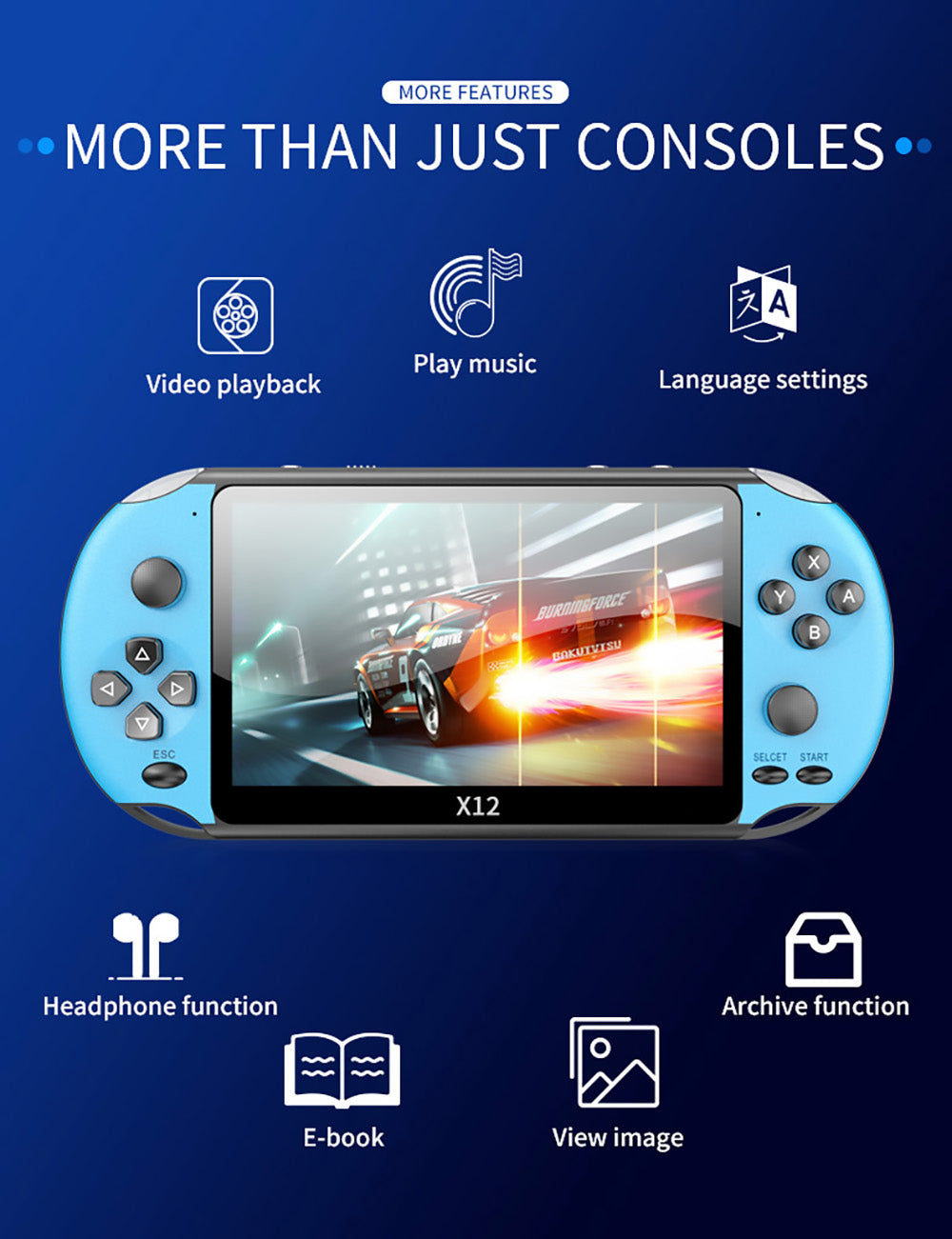 Consola de videojuegos portátil retro Powkiddy X12, pantalla IPS de 5.1 pulgadas, almacenamiento integrado de 8 GB - Azul Rojo