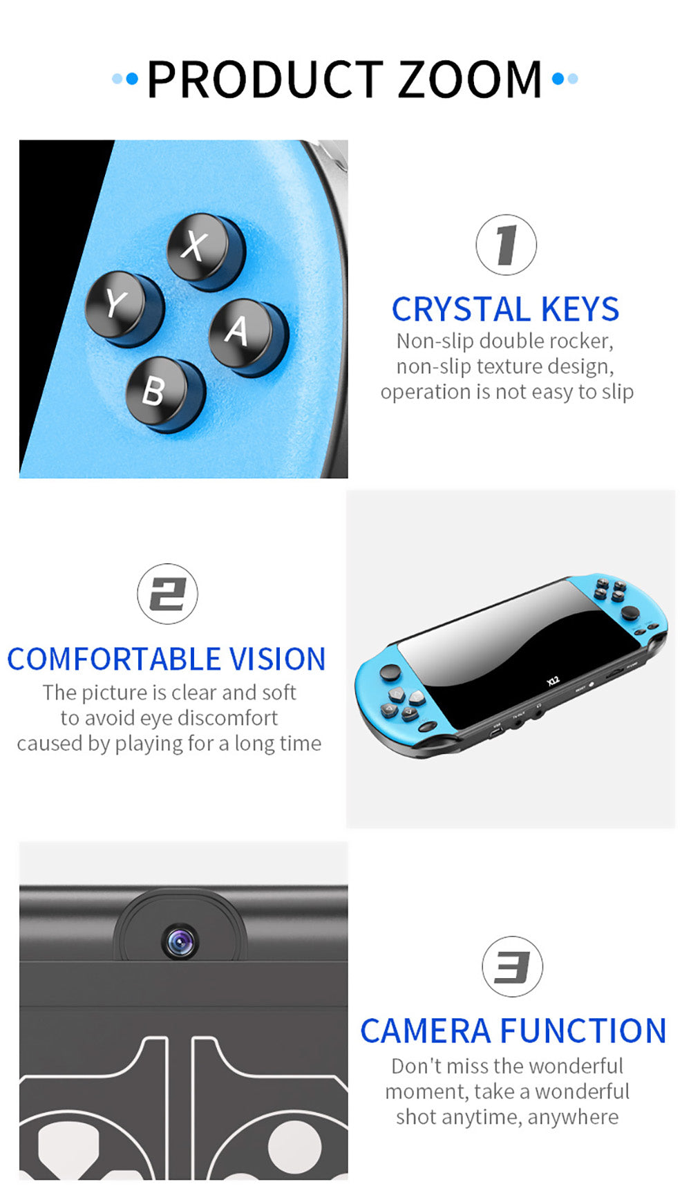 Consola de videojuegos portátil retro Powkiddy X12, pantalla IPS de 5.1 pulgadas, almacenamiento integrado de 8 GB - Azul Rojo