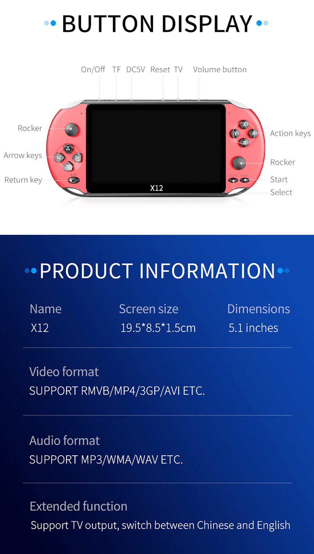 Consola de videojuegos portátil retro Powkiddy X12, pantalla IPS de 5.1 pulgadas, almacenamiento integrado de 8 GB - Azul Rojo