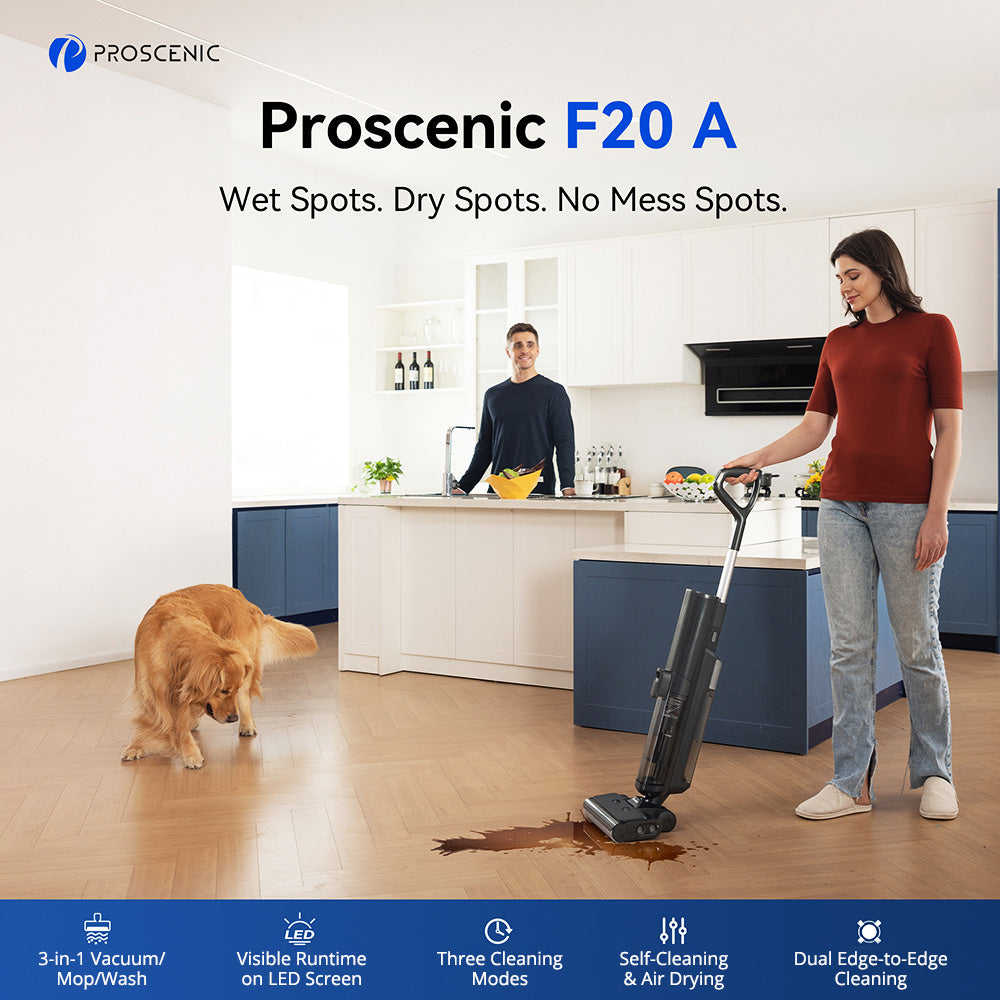 Aspiradora y mopa inalámbrica Proscenic F20A, 35 minutos de autonomía, pantalla LED, autolimpieza y secado por aire, limpieza de bordes integral, control por aplicación, separación sólido-líquido.