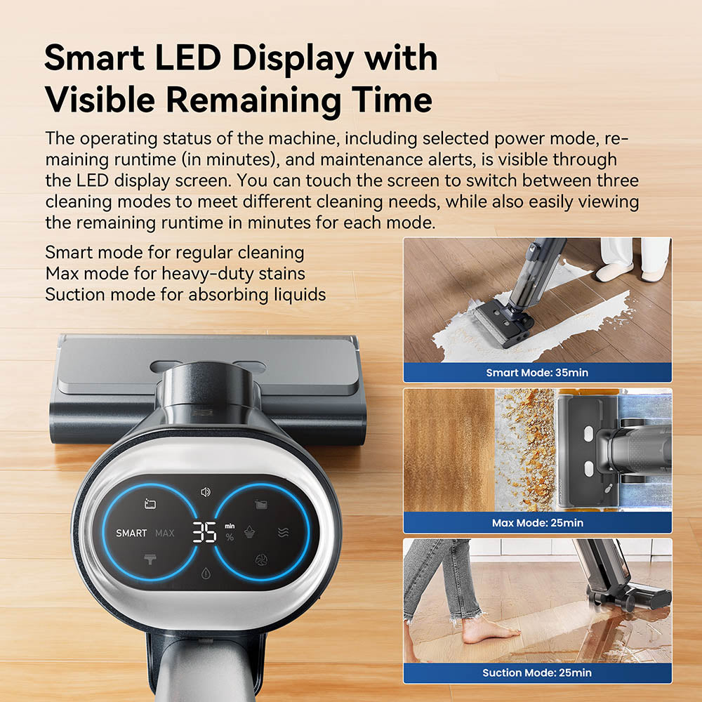 Aspiradora y mopa inalámbrica Proscenic F20A, 35 minutos de autonomía, pantalla LED, autolimpieza y secado por aire, limpieza de bordes integral, control por aplicación, separación sólido-líquido.