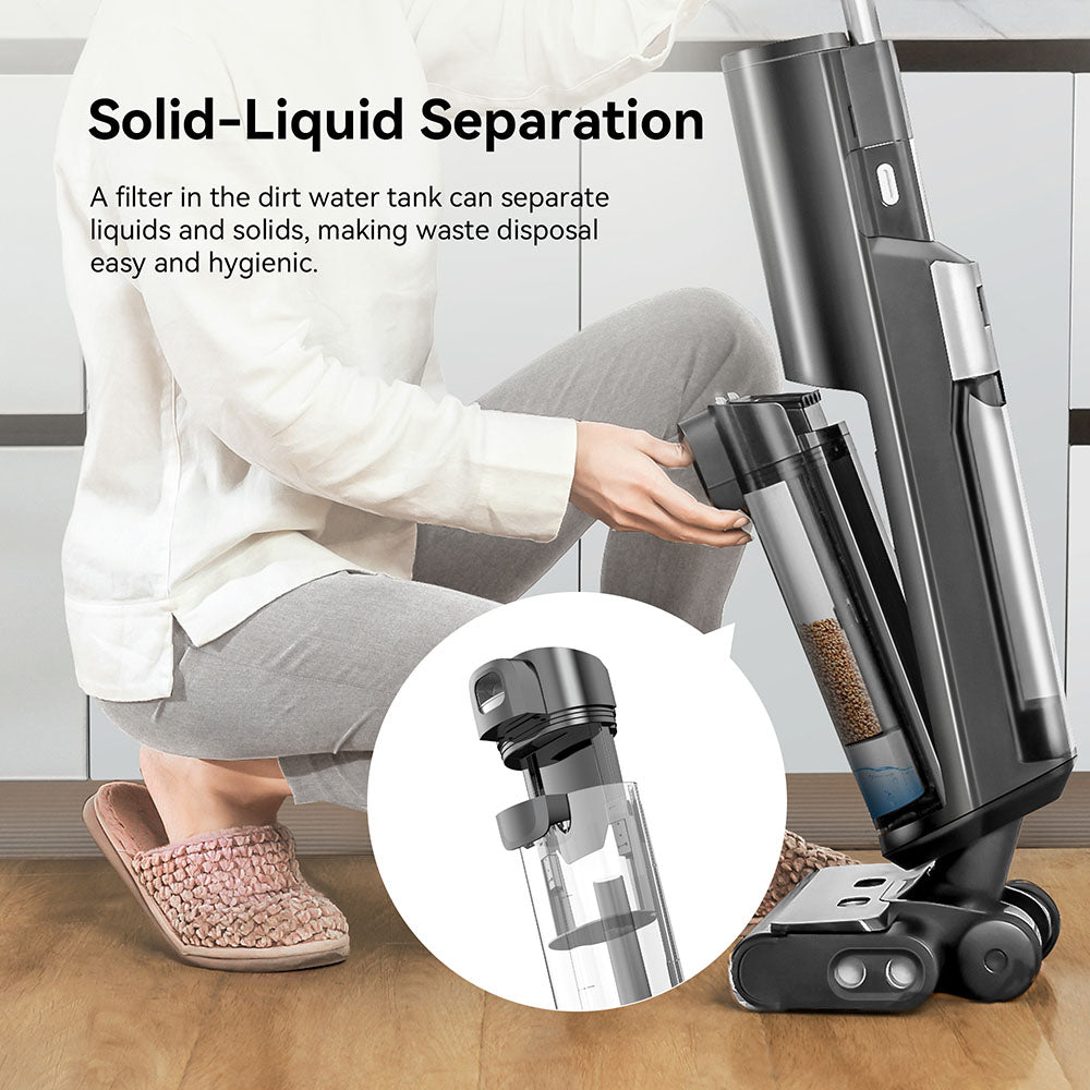 Aspiradora y mopa inalámbrica Proscenic F20A, 35 minutos de autonomía, pantalla LED, autolimpieza y secado por aire, limpieza de bordes integral, control por aplicación, separación sólido-líquido.
