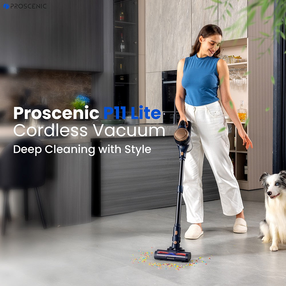 Aspiradora sin cable Proscenic P11 Lite, succión máxima de 28 kPa, hasta 35 minutos de autonomía, pantalla LED, desenredado automático del cabello, dirección giratoria de 180°, depósito de polvo de 550 ml, tubo telescópico, bajo nivel de ruido, almacenamiento en pared.