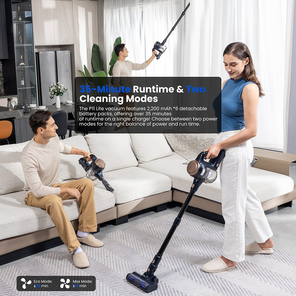 Aspiradora sin cable Proscenic P11 Lite, succión máxima de 28 kPa, hasta 35 minutos de autonomía, pantalla LED, desenredado automático del cabello, dirección giratoria de 180°, depósito de polvo de 550 ml, tubo telescópico, bajo nivel de ruido, almacenamiento en pared.