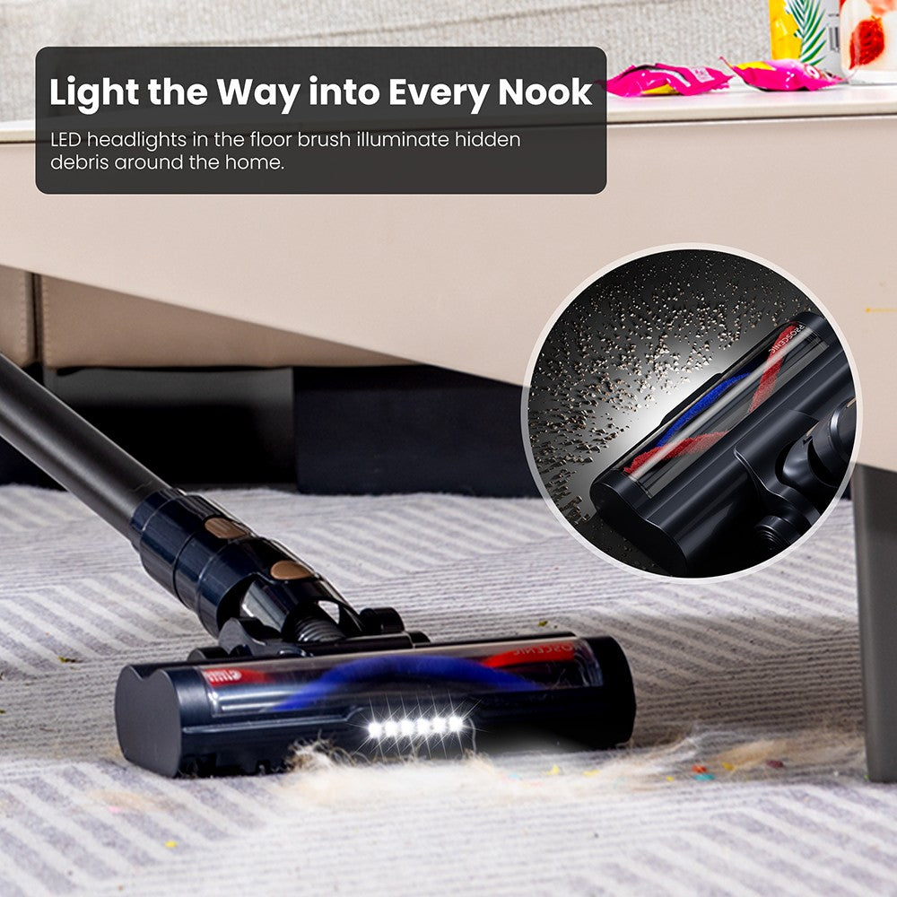 Aspiradora sin cable Proscenic P11 Lite, succión máxima de 28 kPa, hasta 35 minutos de autonomía, pantalla LED, desenredado automático del cabello, dirección giratoria de 180°, depósito de polvo de 550 ml, tubo telescópico, bajo nivel de ruido, almacenamiento en pared.