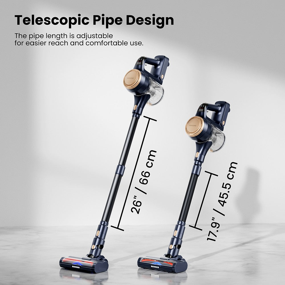 Aspiradora sin cable Proscenic P11 Lite, succión máxima de 28 kPa, hasta 35 minutos de autonomía, pantalla LED, desenredado automático del cabello, dirección giratoria de 180°, depósito de polvo de 550 ml, tubo telescópico, bajo nivel de ruido, almacenamiento en pared.