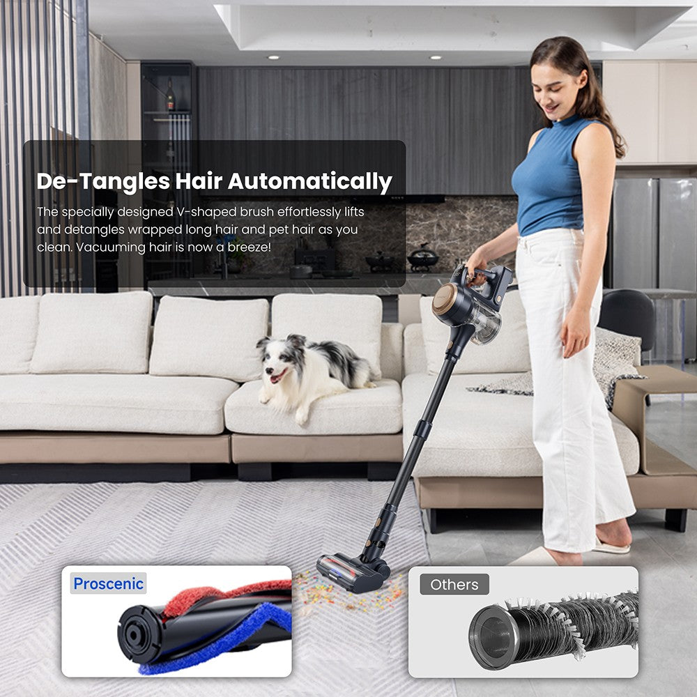 Aspiradora sin cable Proscenic P11 Lite, succión máxima de 28 kPa, hasta 35 minutos de autonomía, pantalla LED, desenredado automático del cabello, dirección giratoria de 180°, depósito de polvo de 550 ml, tubo telescópico, bajo nivel de ruido, almacenamiento en pared.