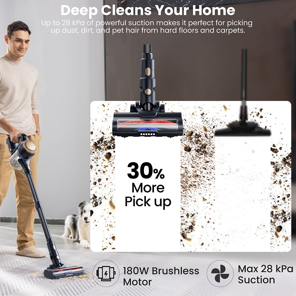 Aspiradora sin cable Proscenic P11 Lite, succión máxima de 28 kPa, hasta 35 minutos de autonomía, pantalla LED, desenredado automático del cabello, dirección giratoria de 180°, depósito de polvo de 550 ml, tubo telescópico, bajo nivel de ruido, almacenamiento en pared.