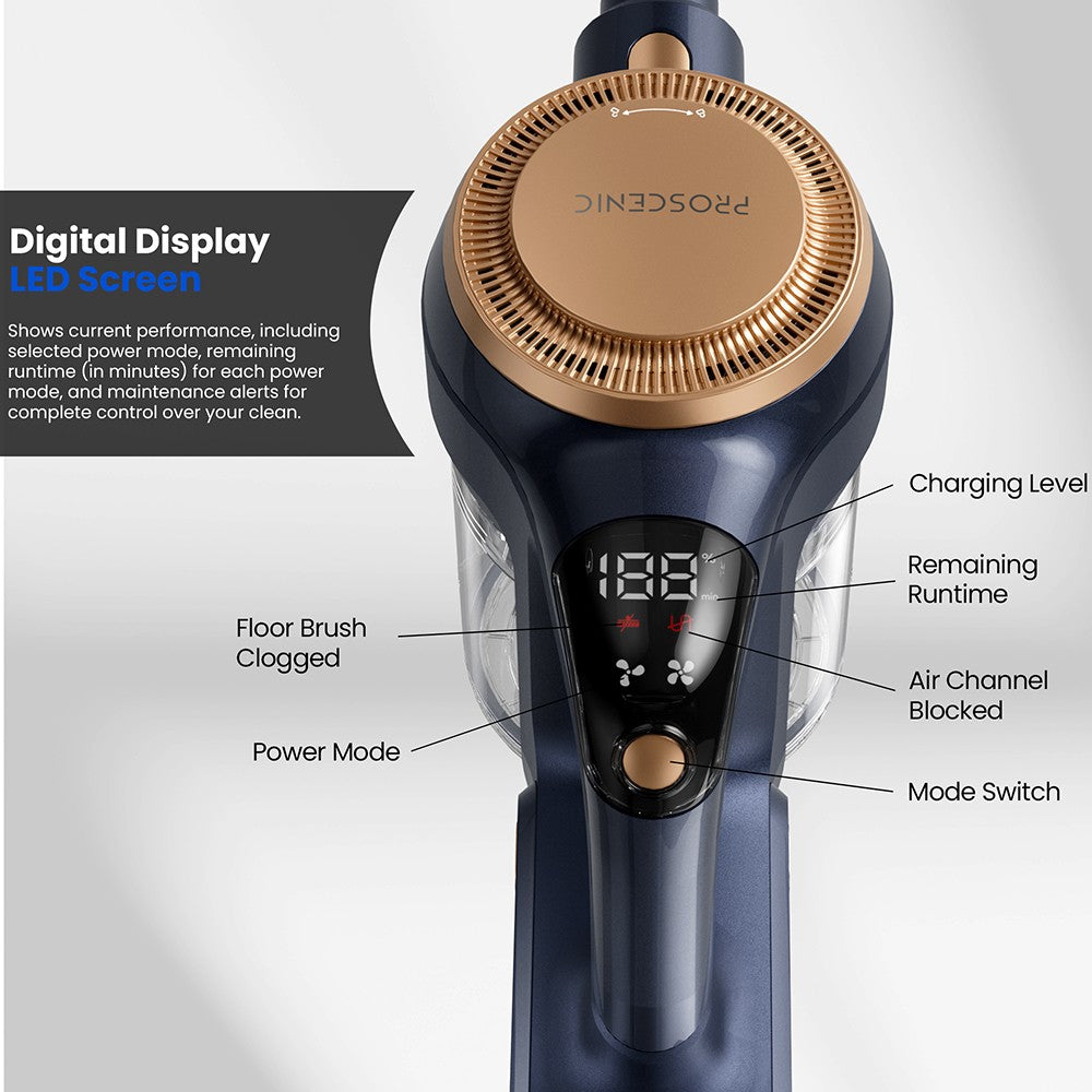 Aspiradora sin cable Proscenic P11 Lite, succión máxima de 28 kPa, hasta 35 minutos de autonomía, pantalla LED, desenredado automático del cabello, dirección giratoria de 180°, depósito de polvo de 550 ml, tubo telescópico, bajo nivel de ruido, almacenamiento en pared.