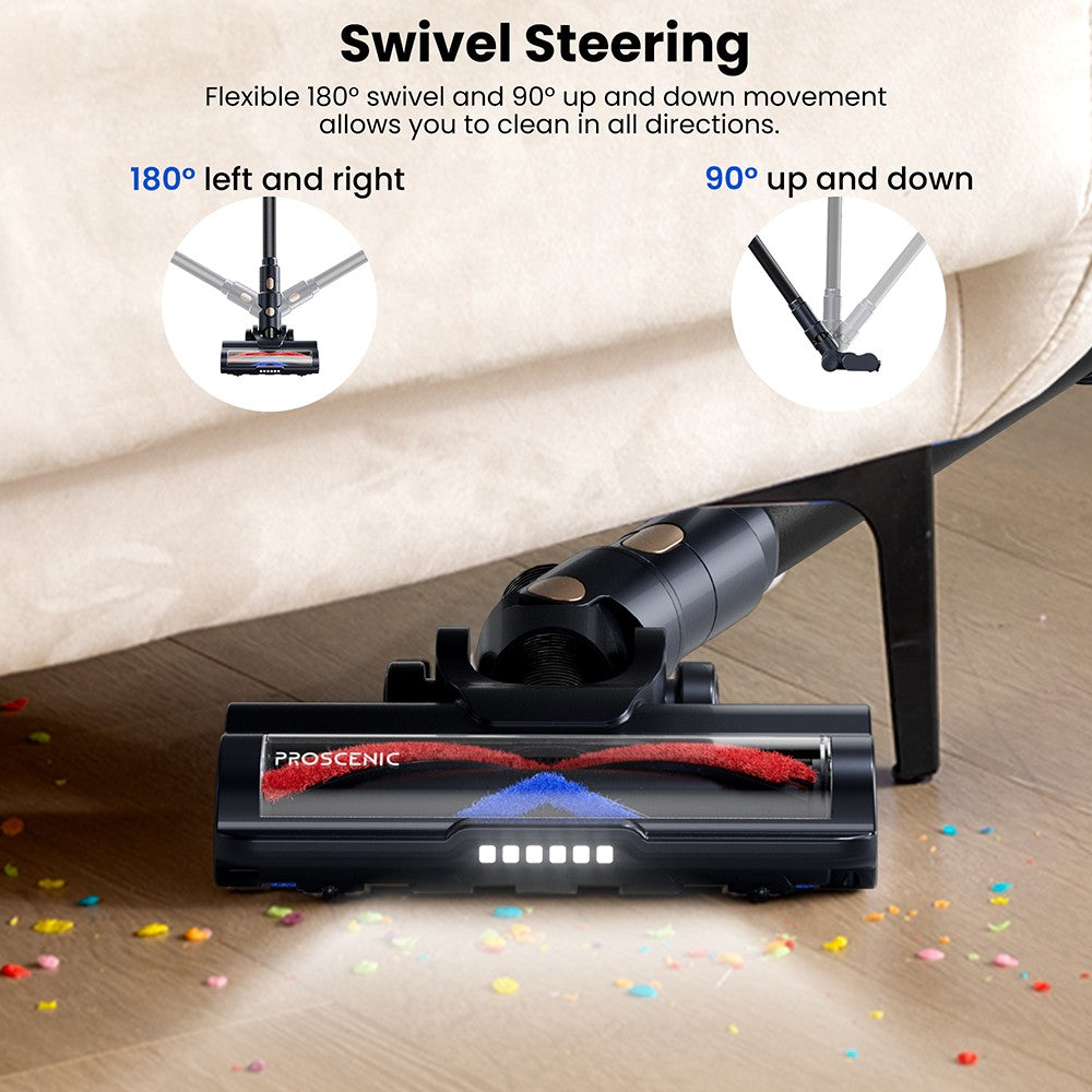 Aspiradora sin cable Proscenic P11 Lite, succión máxima de 28 kPa, hasta 35 minutos de autonomía, pantalla LED, desenredado automático del cabello, dirección giratoria de 180°, depósito de polvo de 550 ml, tubo telescópico, bajo nivel de ruido, almacenamiento en pared.
