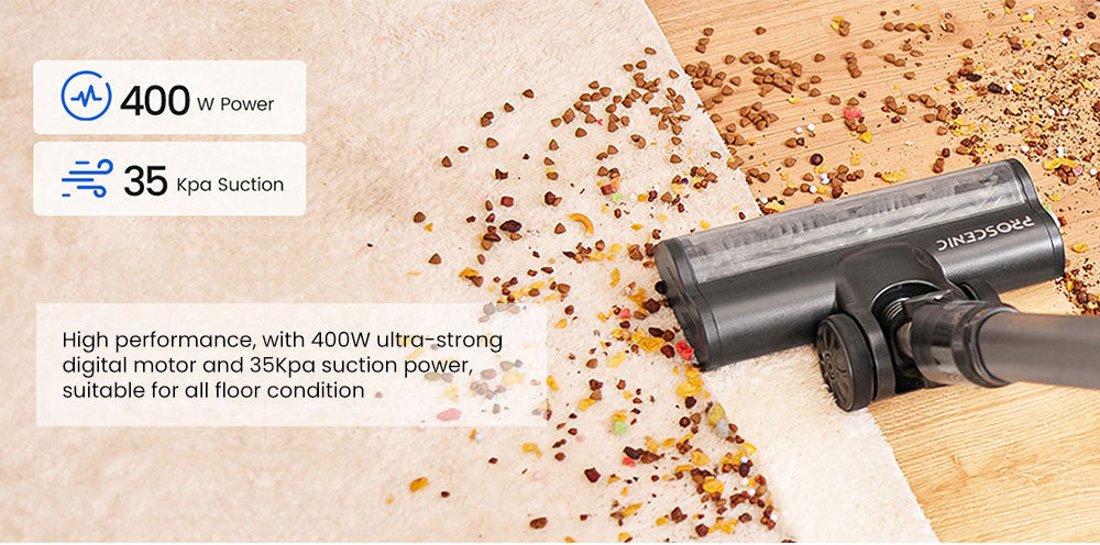 Aspiradora sin cable Proscenic P11 con función de fregado, succión de 35 KPa, depósito de polvo de 0,65 L, sistema de filtración de 5 etapas, batería extraíble de 2000 mAh, hasta 50 minutos de autonomía, pantalla táctil.