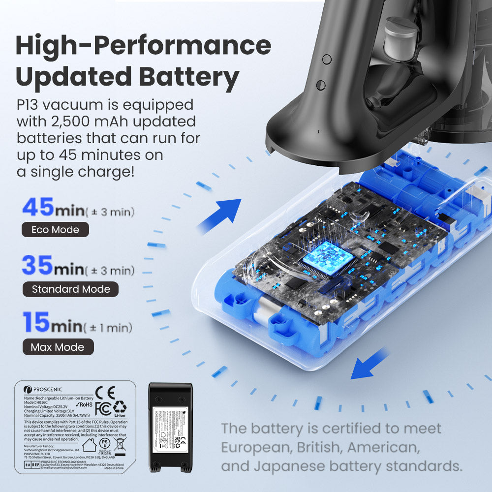 Aspiradora sin cable Proscenic P13, succión de 35 Kpa, aspiradora tipo escoba con luz verde, pantalla LED, autonomía máxima de 45 minutos, depósito de polvo de 1,2 L, cepillo rotatorio anti-enredos, sistema de filtración de 5 capas, para pelo de mascotas, suelos duros y alfombras, gris.