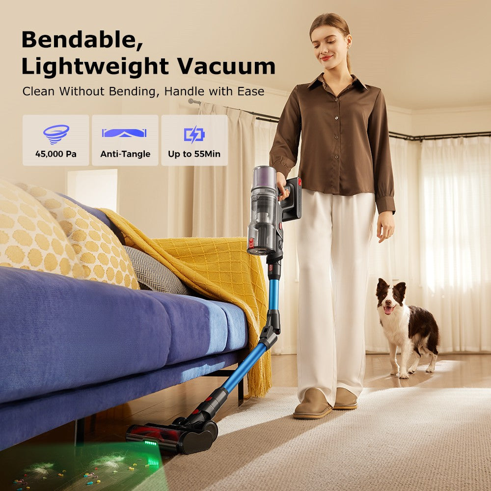 Aspiradora escoba sin cable Proscenic P16, succión de 45 kPa, autonomía de 55 minutos, tubo flexible de 180°, cepillo para suelo anti-enredos, bajo nivel de ruido de 62 dB, para uso doméstico y pelo de mascotas, azul.