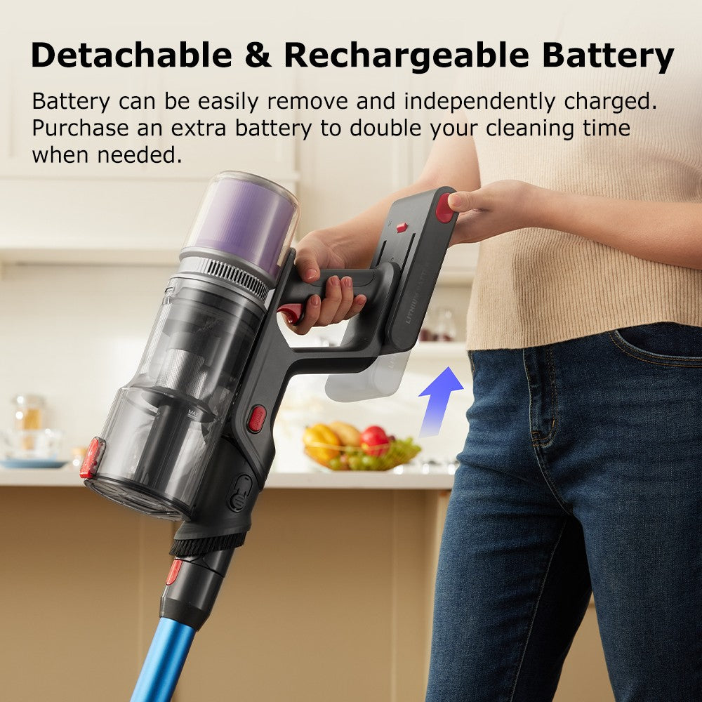Aspiradora escoba sin cable Proscenic P16, succión de 45 kPa, autonomía de 55 minutos, tubo flexible de 180°, cepillo para suelo anti-enredos, bajo nivel de ruido de 62 dB, para uso doméstico y pelo de mascotas, azul.