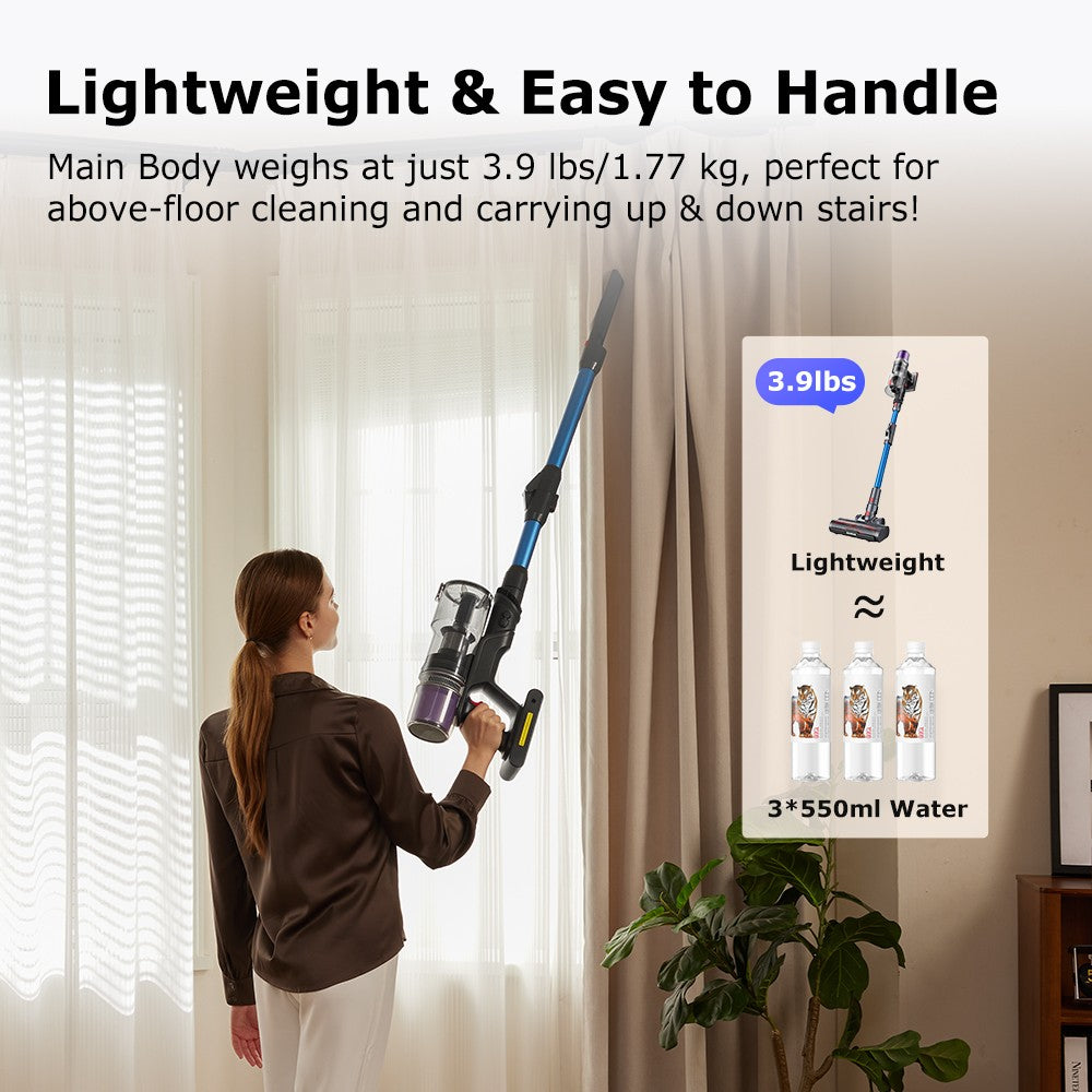 Aspiradora escoba sin cable Proscenic P16, succión de 45 kPa, autonomía de 55 minutos, tubo flexible de 180°, cepillo para suelo anti-enredos, bajo nivel de ruido de 62 dB, para uso doméstico y pelo de mascotas, azul.