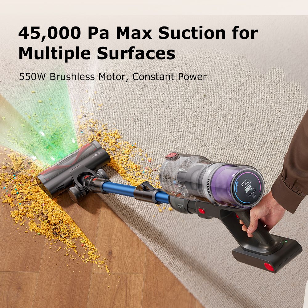 Aspiradora escoba sin cable Proscenic P16, succión de 45 kPa, autonomía de 55 minutos, tubo flexible de 180°, cepillo para suelo anti-enredos, bajo nivel de ruido de 62 dB, para uso doméstico y pelo de mascotas, azul.