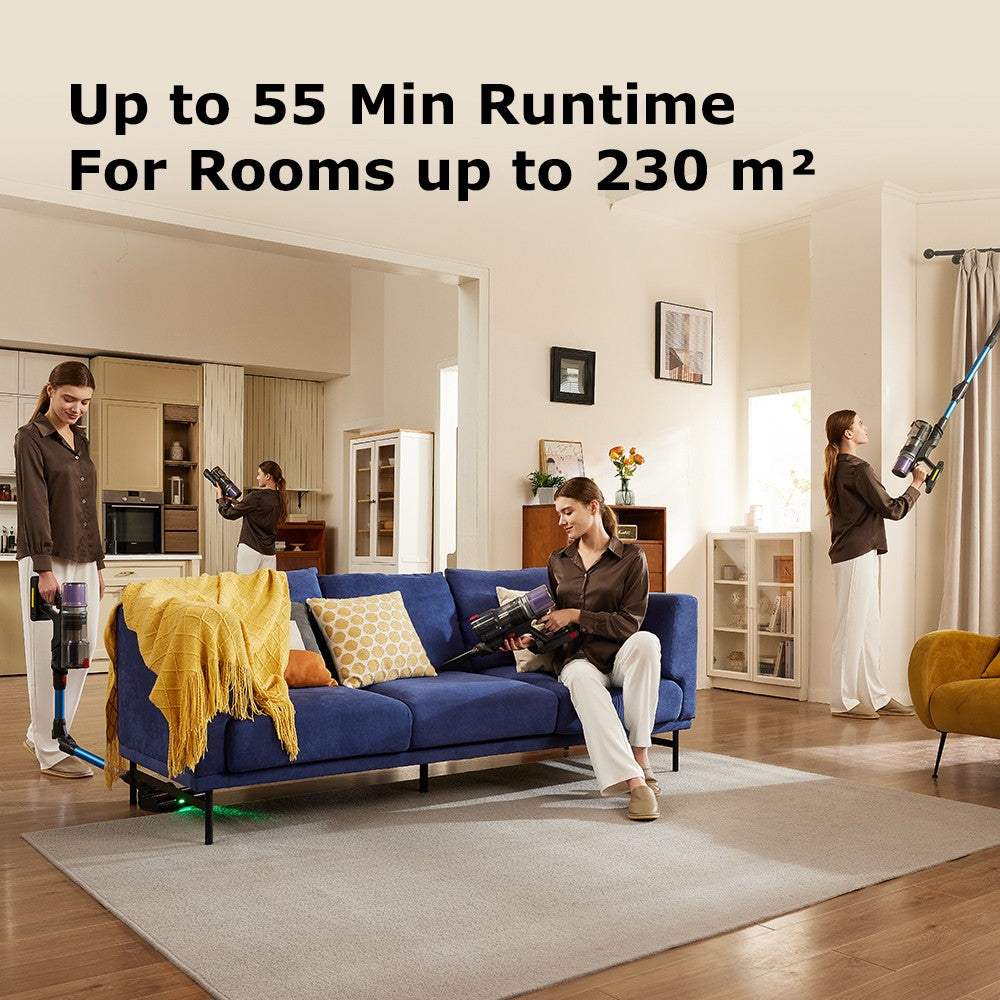 Aspiradora escoba sin cable Proscenic P16, succión de 45 kPa, autonomía de 55 minutos, tubo flexible de 180°, cepillo para suelo anti-enredos, bajo nivel de ruido de 62 dB, para uso doméstico y pelo de mascotas, azul.
